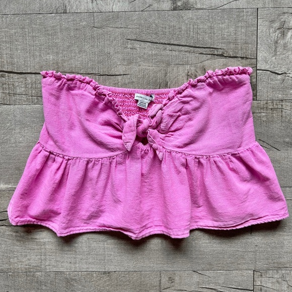 American Eagle Pink Tie Front Tube Top Festival Ruched Y2K Crop Top Cotton Linen - Picture 1 of 12